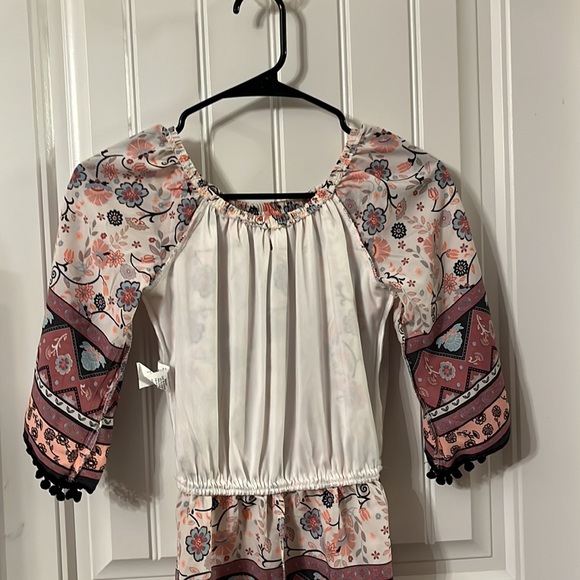 MY MICHELLE GIRLS Floral Lined Romper Size M Pom Pom Fringe with Tassel Tie - Picture 7 of 7